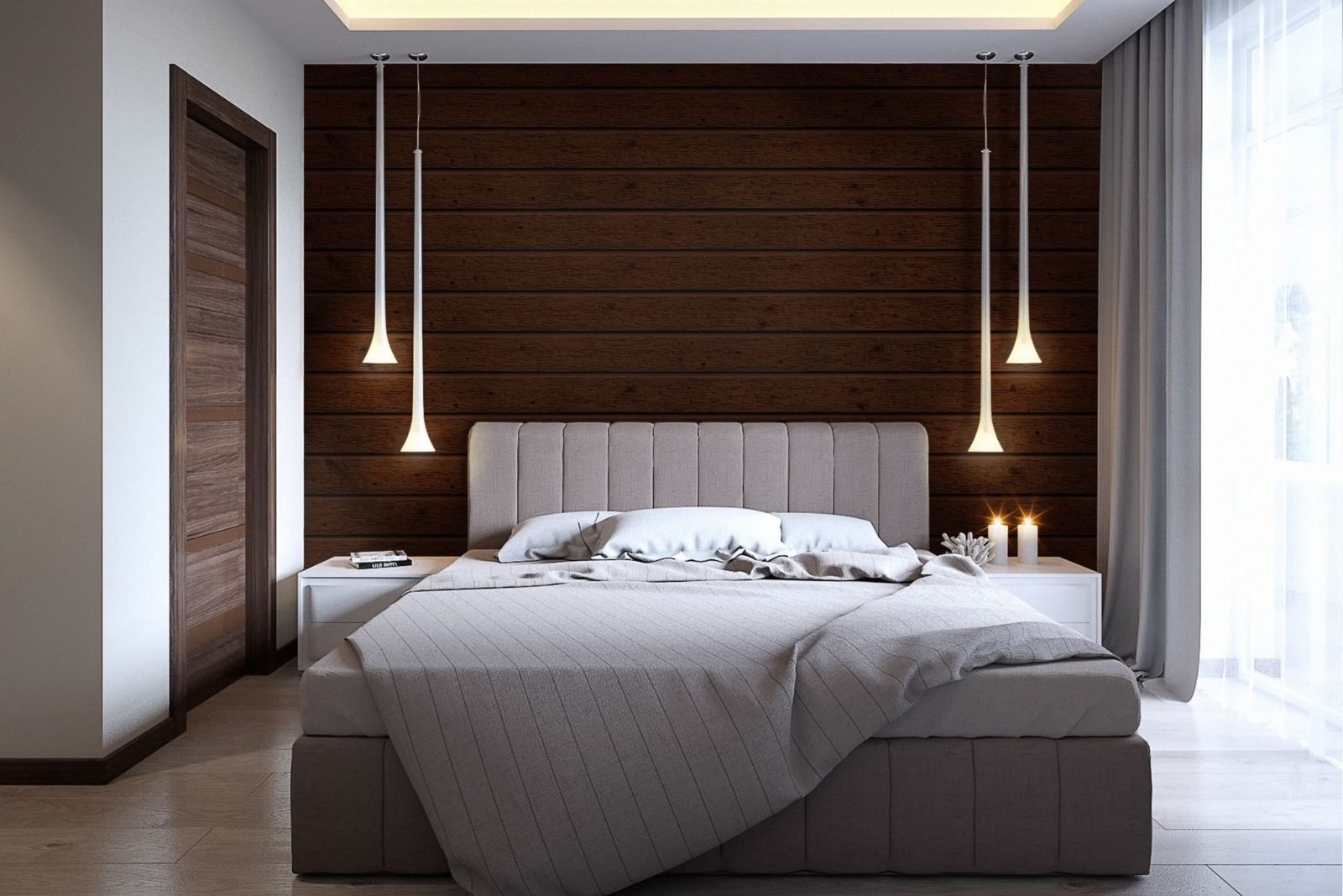 Bedroom lighting. Стильная спальня. Деревянная стена в интерьере спальни. Деревянные панели в интерьере спальни. Спальная с деревянными панелями.